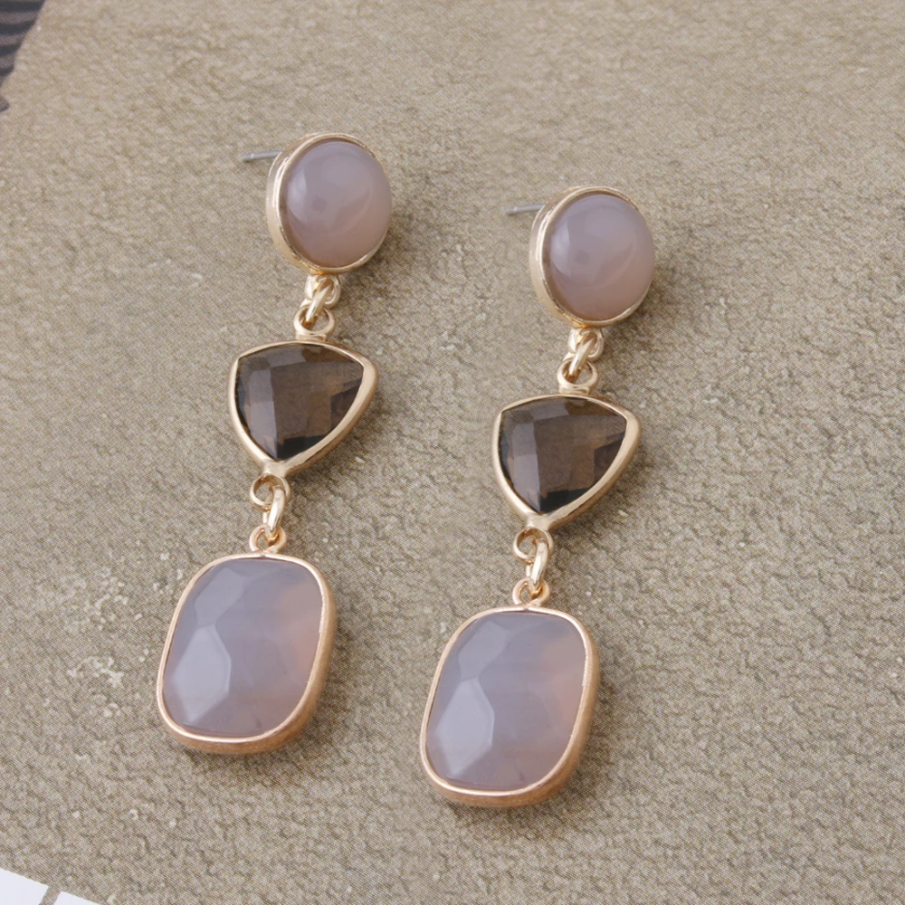 Trendy Natural Stone Freshwater Pearl Earrings For Woman Pink Crystal Stone Drop Hanging Brinco Geometry Party Charm Jewelry