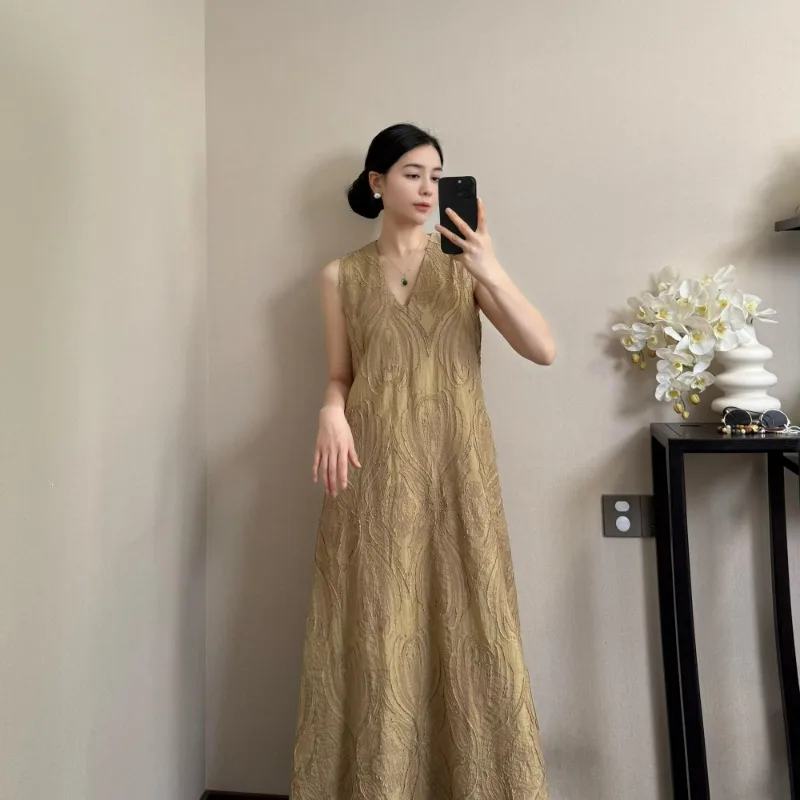

French Style High-end Jacquard Sleeveless Dress Women Summer New Female Loose and Slimming Fashion Long Dresses
