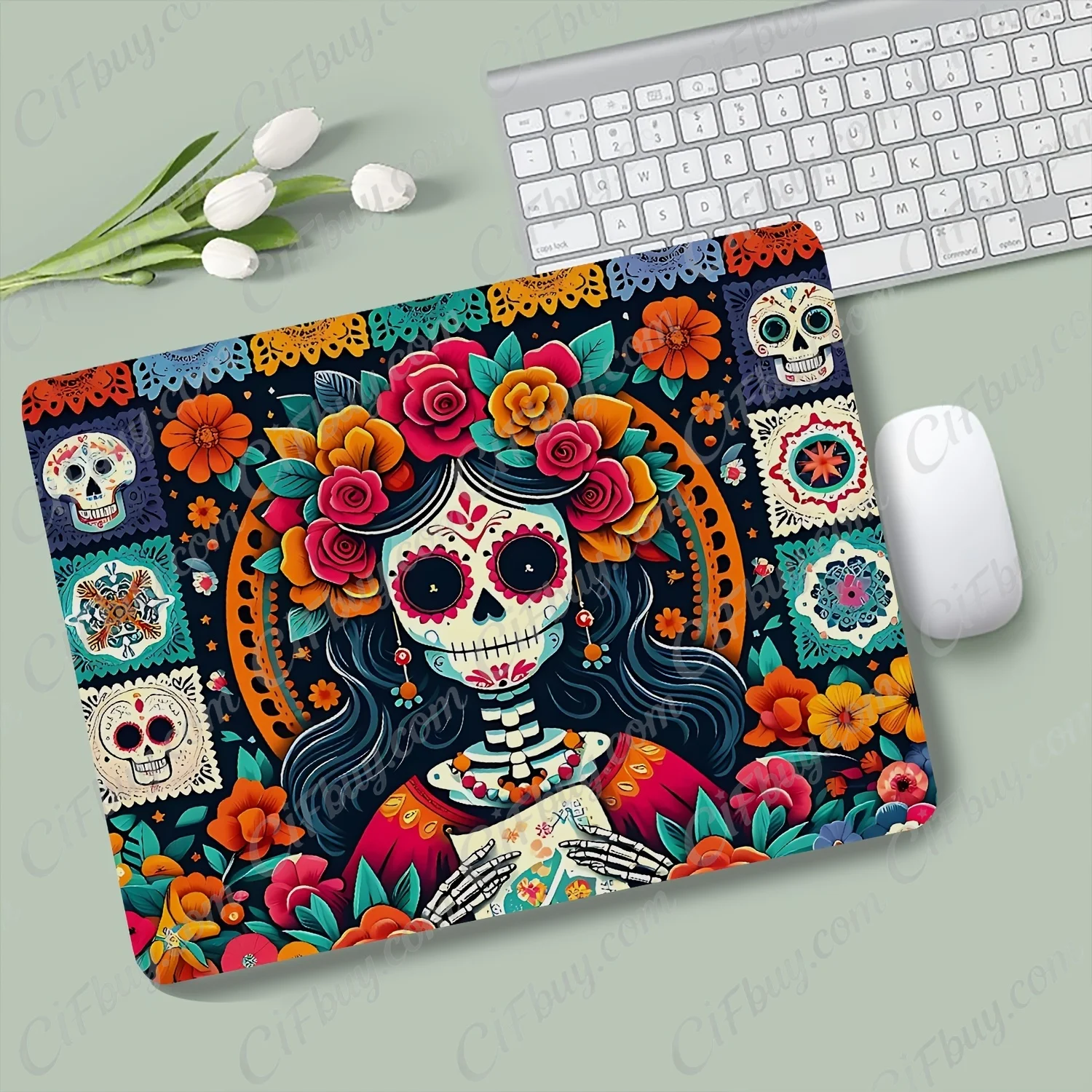 CIFbuy Mouse Pad Small Anime Skull Floral Mexican Ethnic Print Smooth Cursor Precise Tracking Non-Slip Wear-Resistant Retro Gami