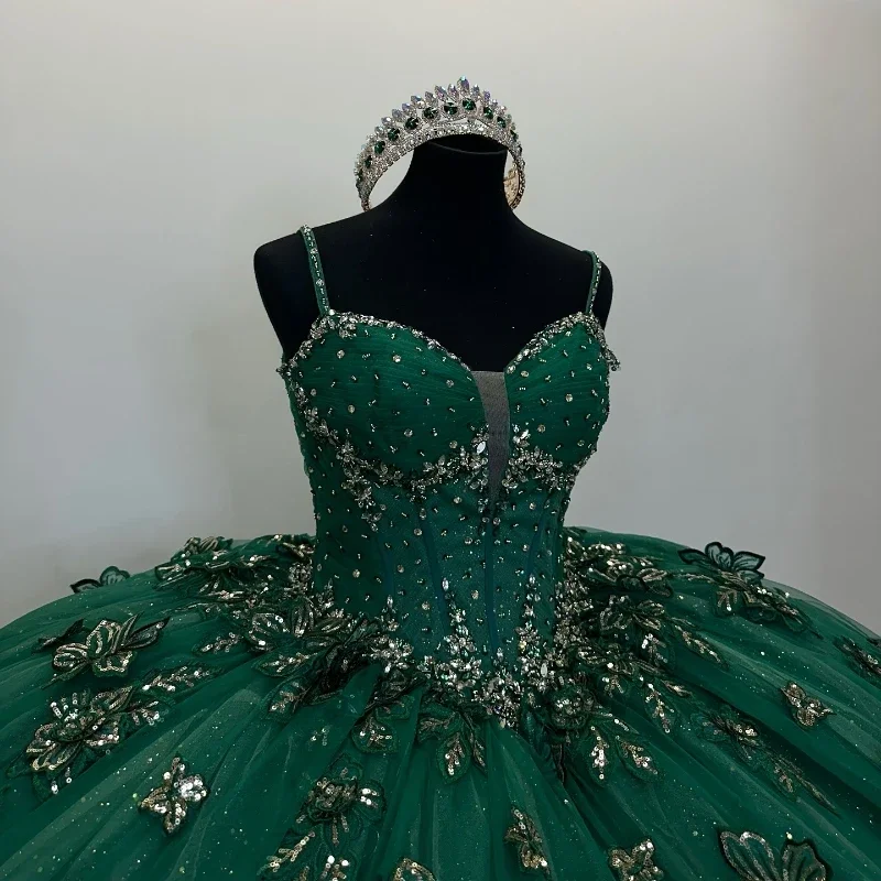 ANGELSBRIDEP Dark Green Tassel Ball Gown Quinceanera Dresses Spaghetti Strap Appliques Crystal Beading Sweet 16 Dress customized