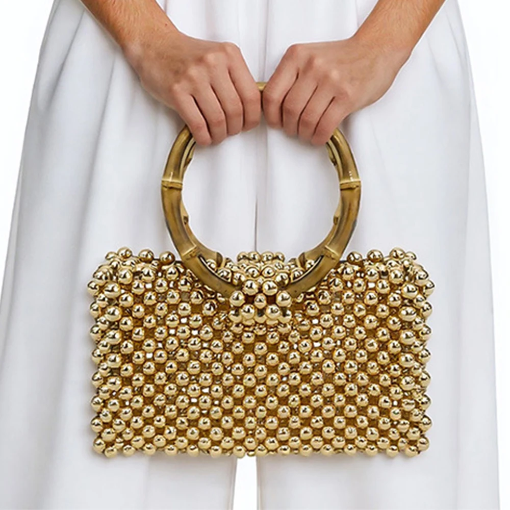 

Роскошные сумки с бамбуковой ручкой и жемчугом для женщин, сумка ручной работы с бусинами, вечерняя сумка, новый полый тканый клатч для свадебной вечеринки, женский кошелек