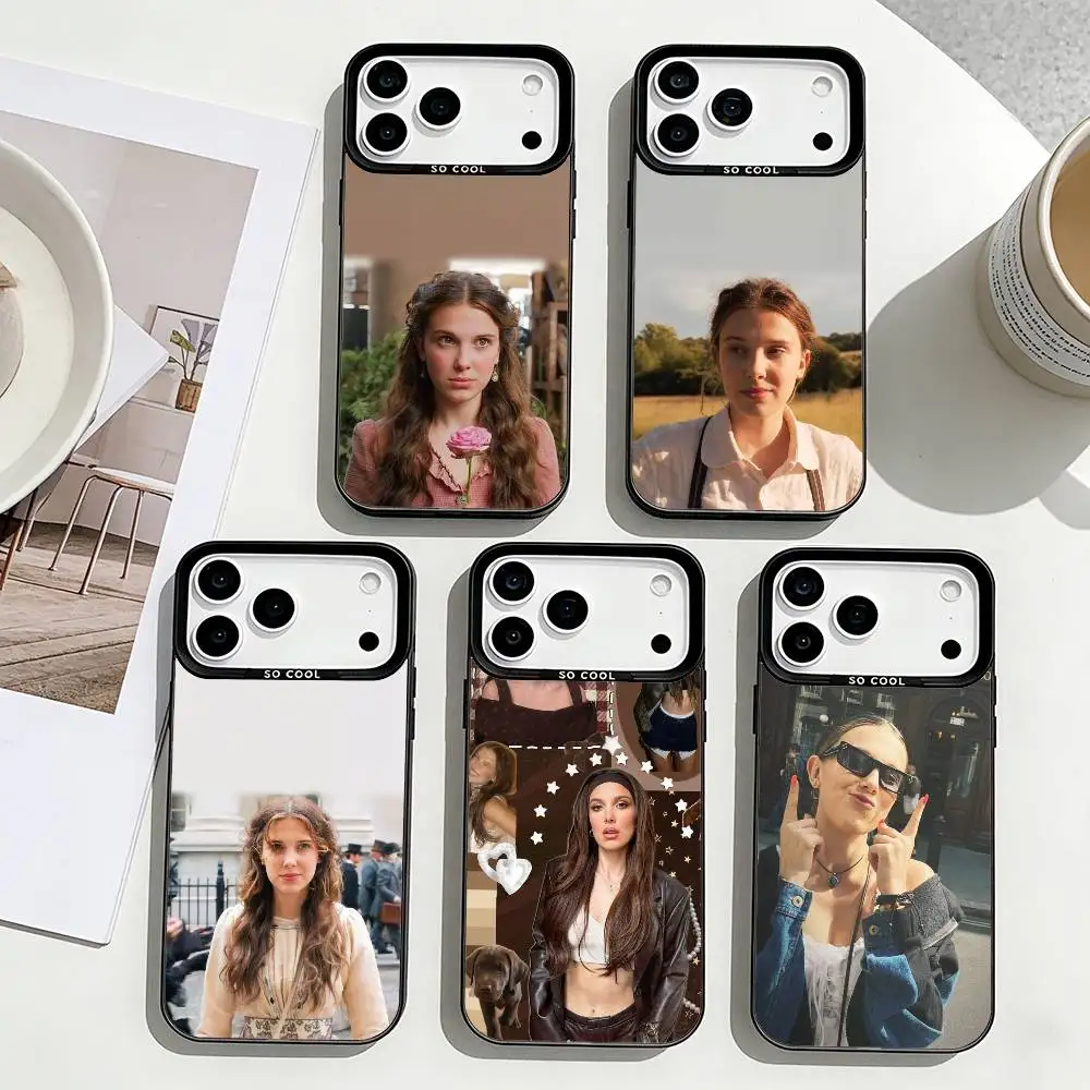 

Luxury Brand Star Millie Bobby Phone Case For iPhone17,16,15,14,13,12,Pro Max Black Colored Silver Plated Inside Cover