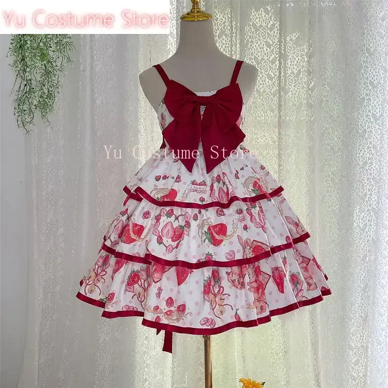 

Yu Costume Sweet Lolita Style Dress Strawberry Print Japanese Soft Girly Stra Dresses Cartoon Bow Sleeveless Ruffles Vestido