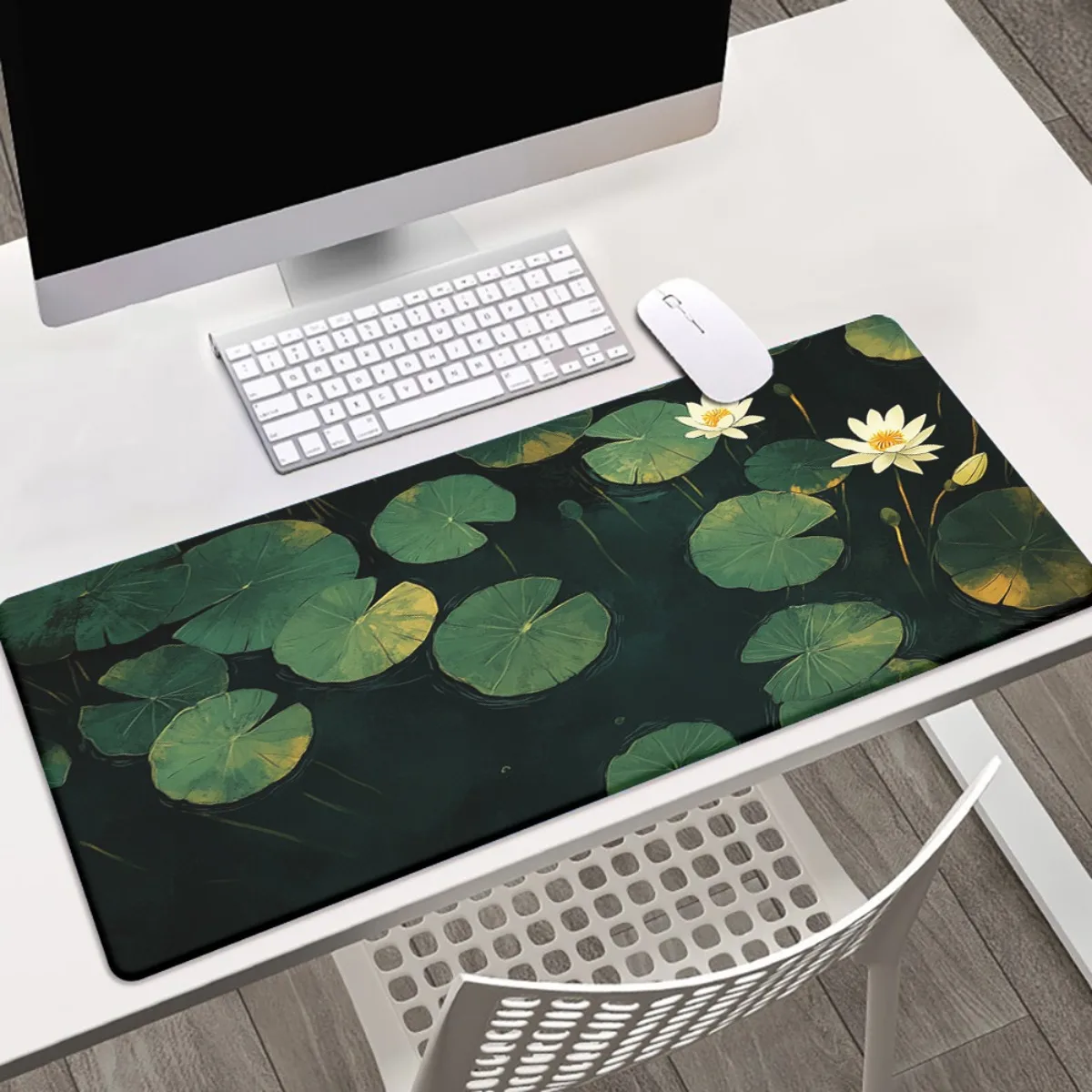 

1 шт. XXL темно-зеленый настольный коврик с цветком лотоса и листьями — нескользящий игровой коврик для мыши с HD-печатью и коврик для клавиатуры для ПК, офисного компьютера