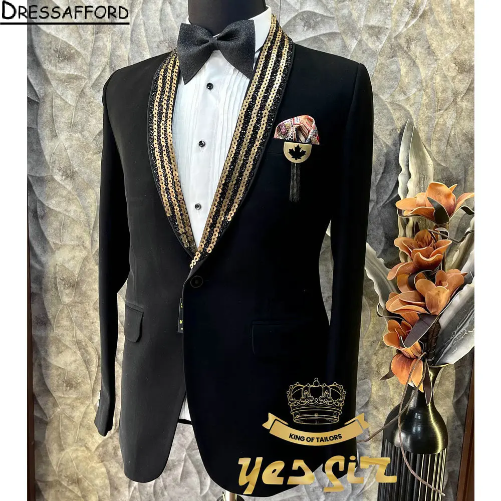 Costume 2 Pièces Formel à Paillettes Noires pour Homme, Veste et Pantalon de Smoking, Tenue Décontractée, ixde Mariage, à la Mode