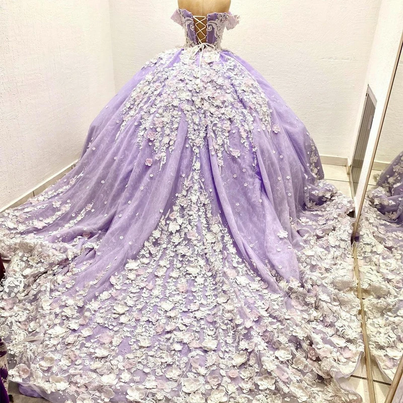 Vestido de baile Lorencia Lavender Quinceanera, Renda de aplique 3D Flowers, Sweet 16 Princess, Mexicana, YQD290