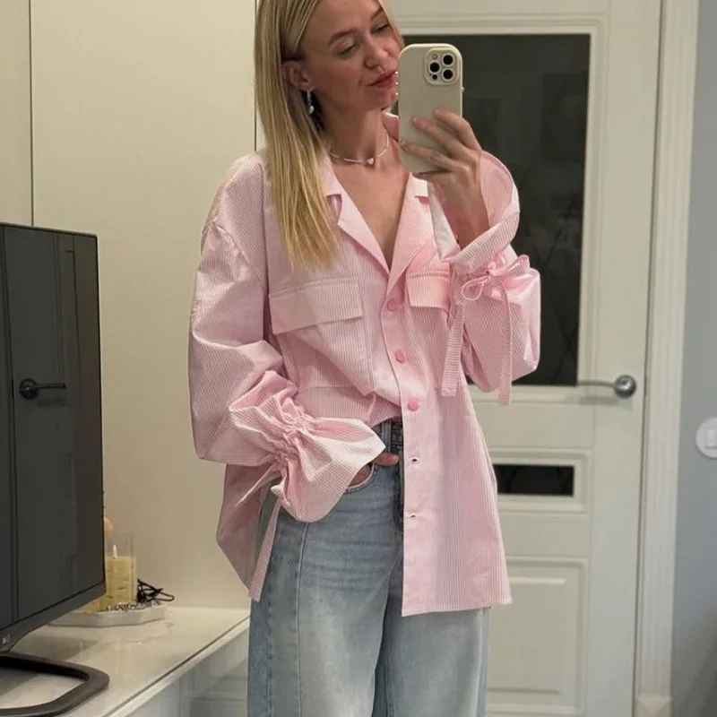 

Talenz Pink Striped Shirt Women's Fashion New Collared Loose Pocket Blouse Top Casual Office Lady Printed Female Shirt Outfits