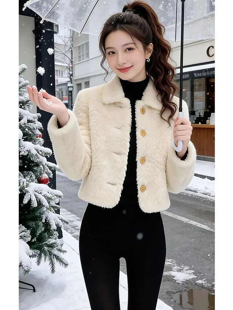 Koreańska kurtka z krótkiego futra jagnięcego dla kobiet, jesienno-zimowa, modna, z perłowym kołnierzem, elegancki płaszcz dla bogatych pań.