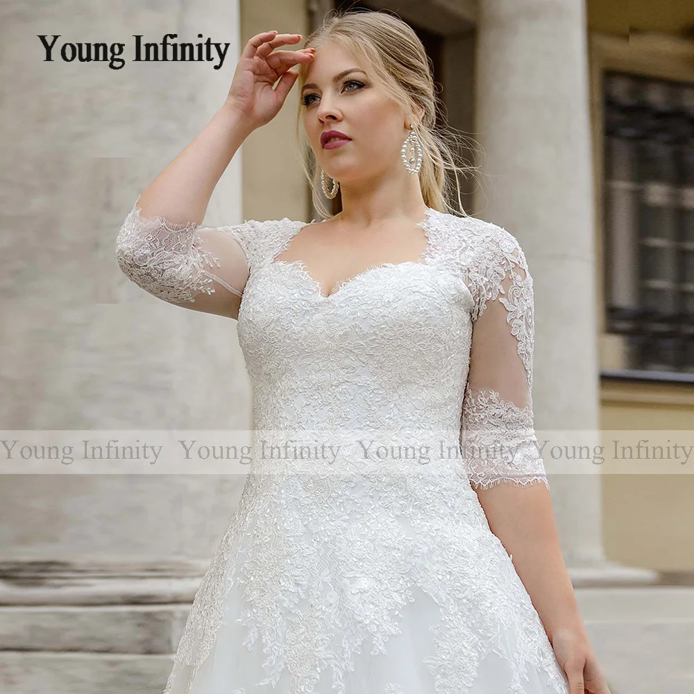 Plus Size Wedding Dress 2024 A Line 3/4 Sleeves Lace Applique Chapel Train Bridal Gown Sweetheart Lace Up Back Woman Bride Gift