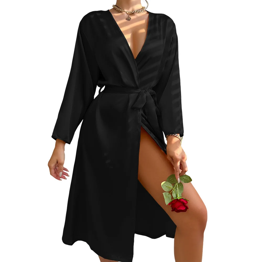 Summer Sexy Ice Silk Nightgown Women's Pajamas Long Sleeved Robe Fashion Casual Home Fury Long Lace Bathrobe Morning Robe