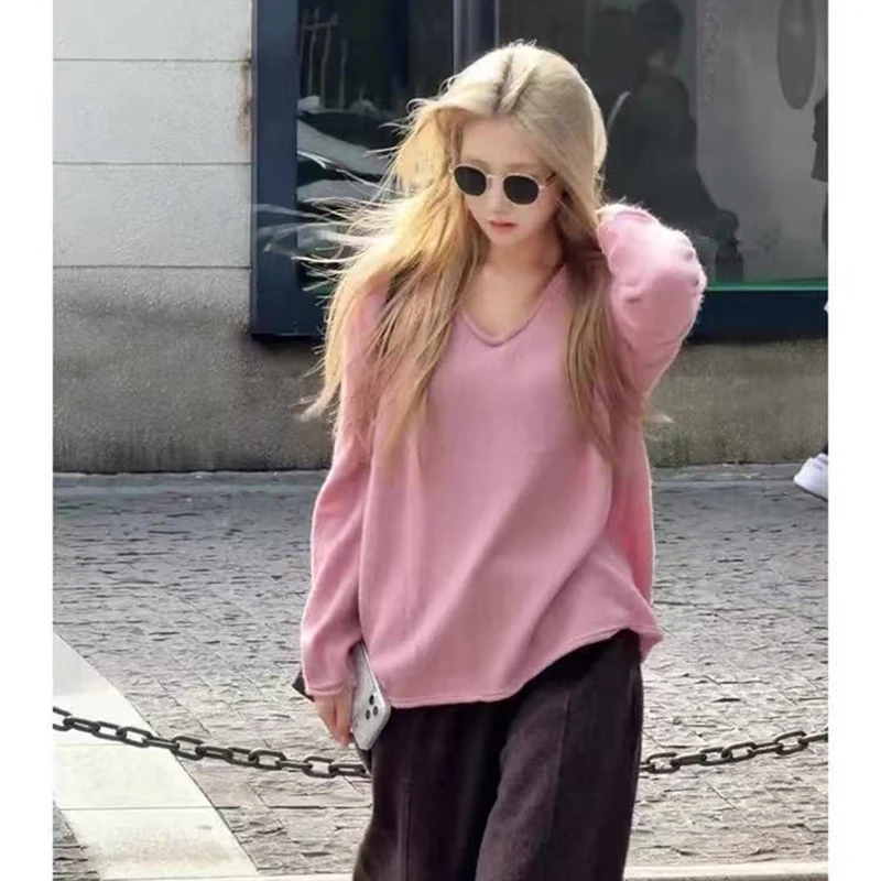 

Long Sleeve Women Sweater V-neck Pullover Autumn Winter 100% Merino Wool Pure Color Knitwear Feamle Clothing Loose Shirt Tops