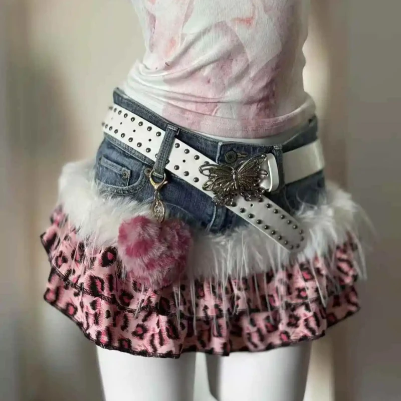 Y2K High Street Pink Panther Vintage Cowboy Splicing Short Skirts Fashion Leopard Pattern Millennium Abi Spicy Girl Half Skirts