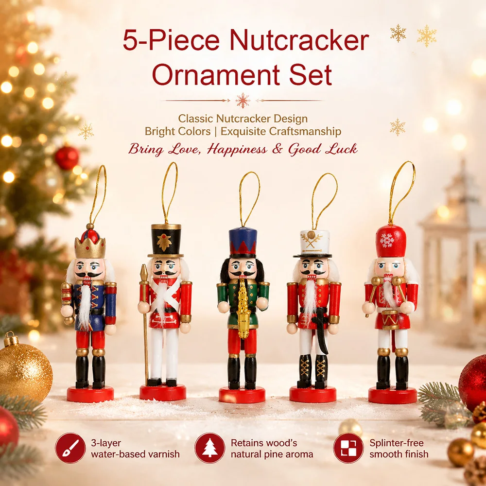 12cm 5-teiliges Holz-Nussknacker-Soldaten-Geschenkset Weihnachten DIY Baum-Anhänger Hängende Dekoration Geschenke für Zuhause Party Feiertagsdekoration – Detail 4