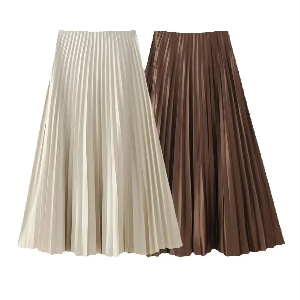 

KONDALA Women Fall Elegant Satin Pleated Midi Skirt Loose Casual 2025 Spring Summer New Pleated A-Line High Street Party Skirt