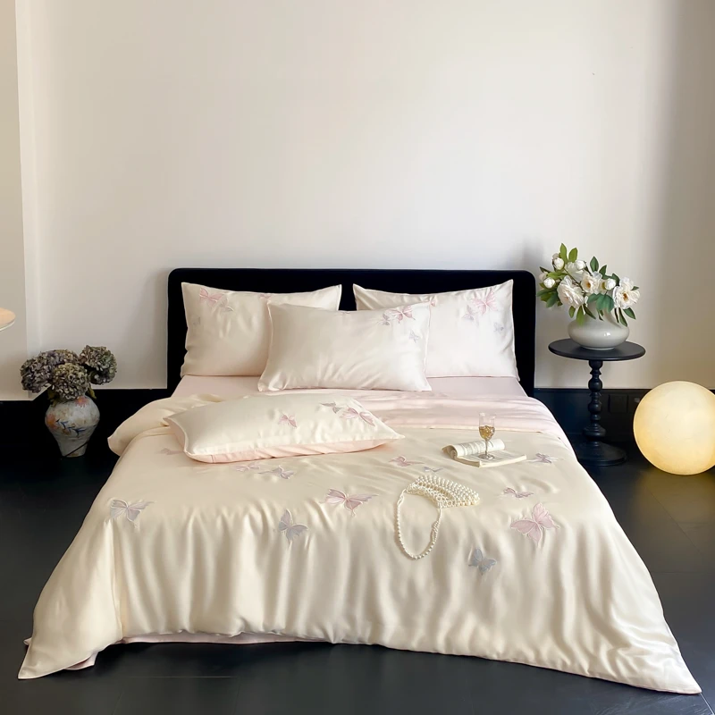 Eucalyptus Lyocell Butterfly Embroidered White Pink Silk-like Touch Bedding Set Cooling Summer Duvet cover Sheets Pillowcases