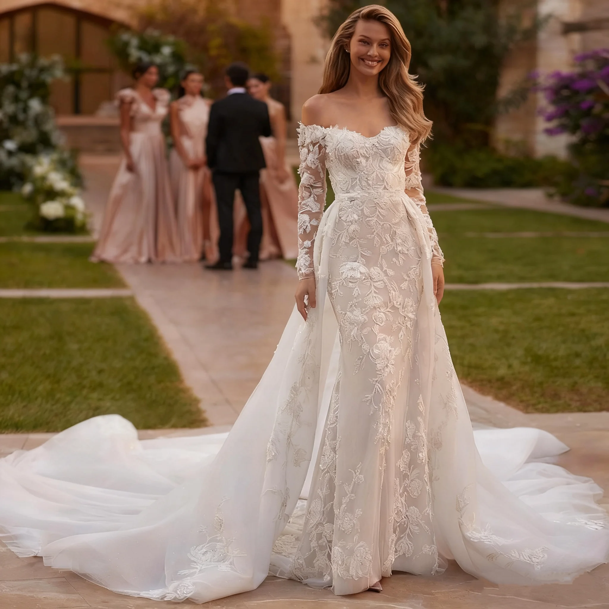 

Романтическое свадебное платье русалки с открытыми плечами и длинными рукавами, элегантное свадебное платье с кружевной наклейкой и съемным шлейфом на заказ