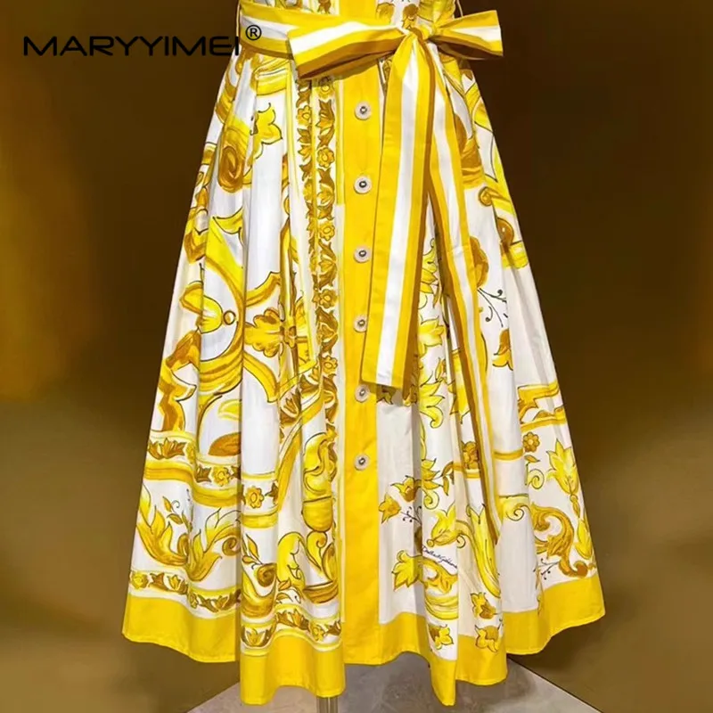 MARYYIMEI Spring Summer Women\'s Dress Turn-Down Collar Half Sleeved Single-Breasted Baroque Print Cotton Vintage Dresses