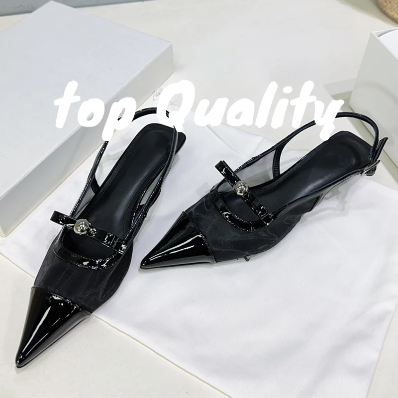 صنادل نسائية صيفية مدببة مصنوعة من الجلد بلون سادة وتصميم كعب منخفض 3.5 سم صنادل بكعب عالٍ #6