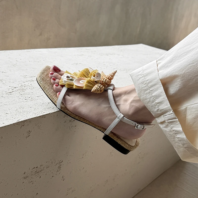 2026 new summer women sandals natural leather 22-24.5cm sheepskin+linen strap ankle-buckle conch low heel women shoes fashion