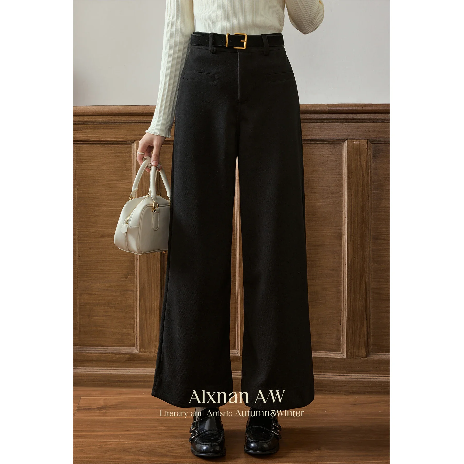 ALXNAN Women's Winter Wide Leg Pants Solid Black Warm Loose Straight Ankle-length Pant 2024 New Female All-match Bottoms L52321