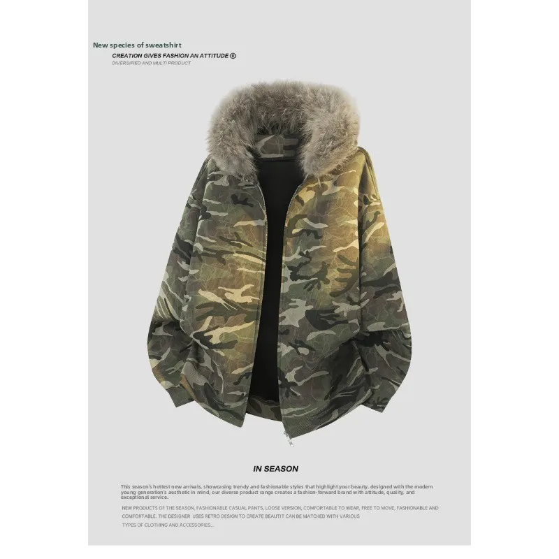 

Outdoor Comfortable Casual Fishing Jacket Couple Style Fashionable Camouflage Sweatshirt Trendy Brand Woolen Collar Hooded Coat