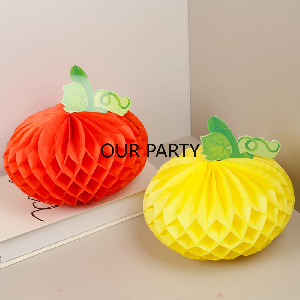 1Pcs Pumpkin Paper Honeycomb Ball Hanging Halloween Desktop Ornaments for Thanksgiving Day Autumn Harvest Birthday Party Decor