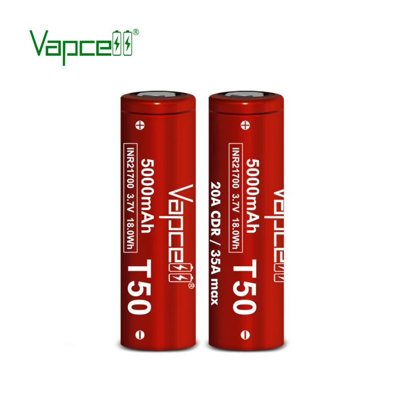 Vapcell T50 INR21700 High Capacity 5000mah 20A Rechargeable Lithium Battery for Flashlight