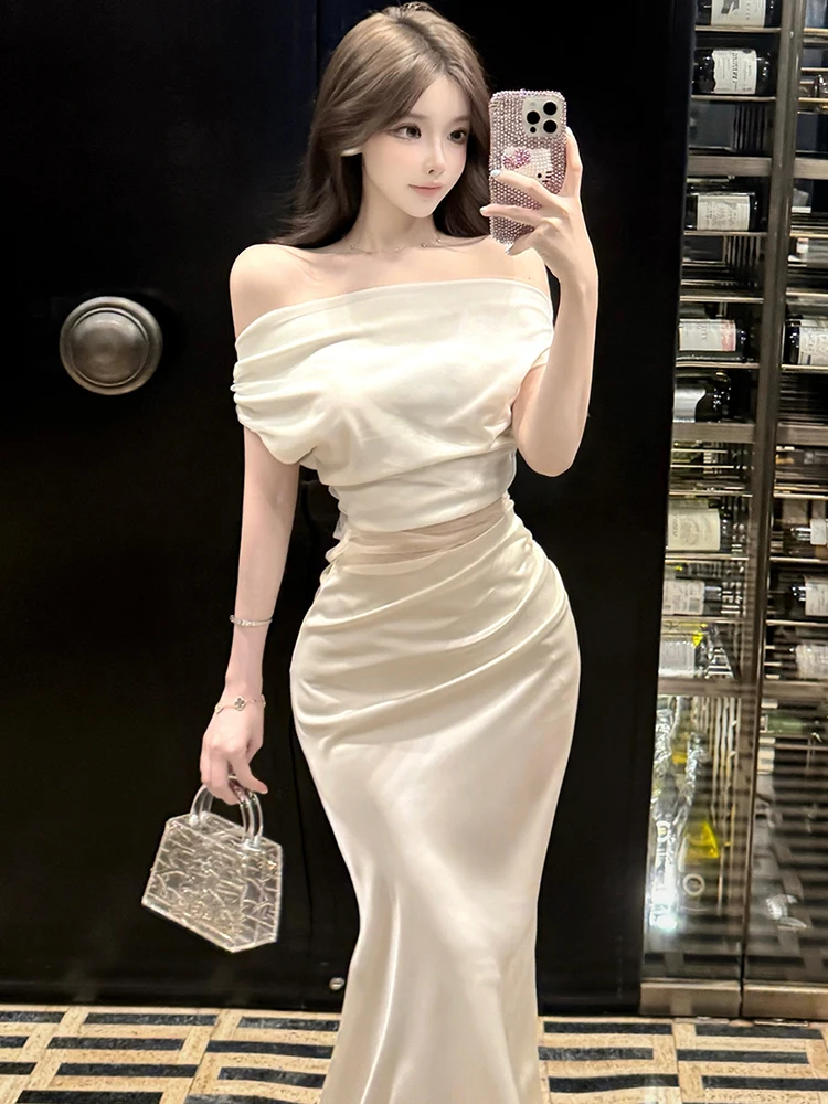 Women Acetate Satin Patchwork Mesh Hollow Out Sexy Dress Summer Elegant Chest Wrapping Dress 2025 Korean Vintage Luxury Vestidos