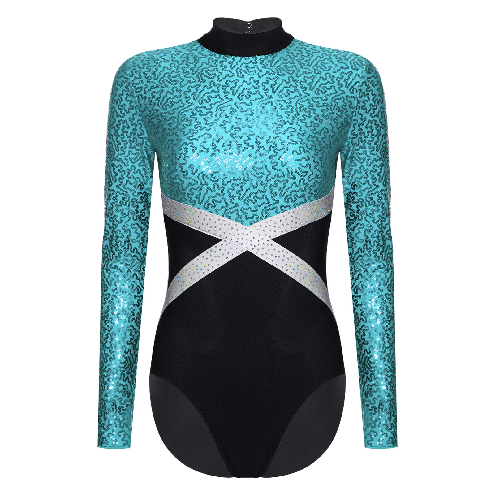 Justaucorps de gymnastique de ballet à paillettes pour femmes avec jupe en strass avec maille transparente et strass pour la danse de patinage sur glace