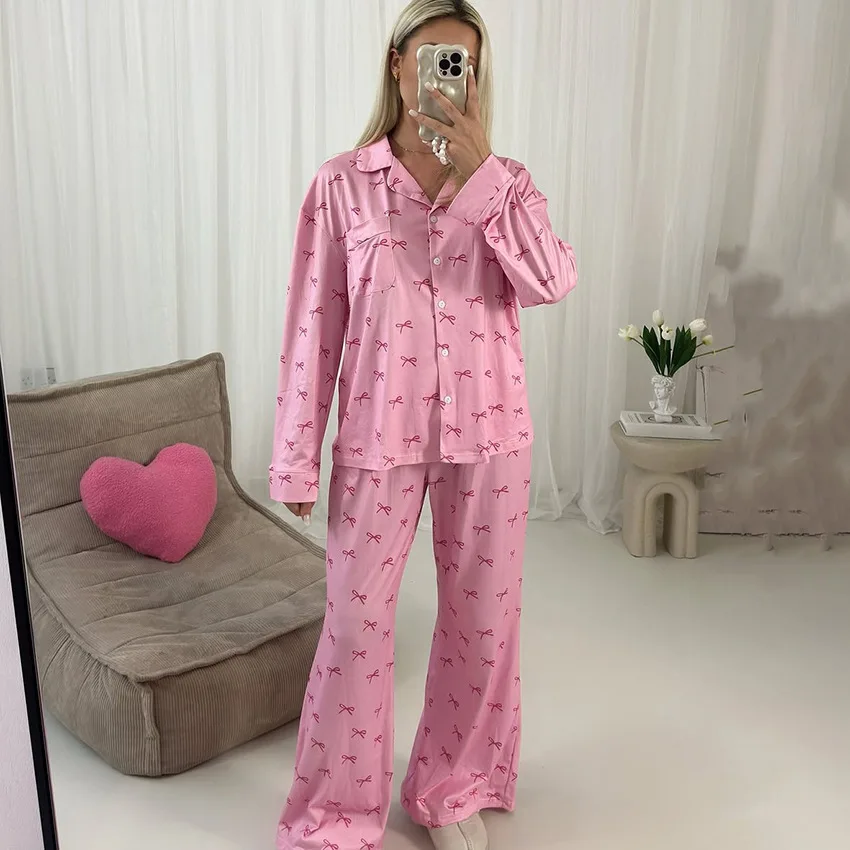 Chic Sleep & Lounge Bow Print Long-sleeved Trousers Loungewear Women's Comfortable Loose Cardigan Pajamas Y2K