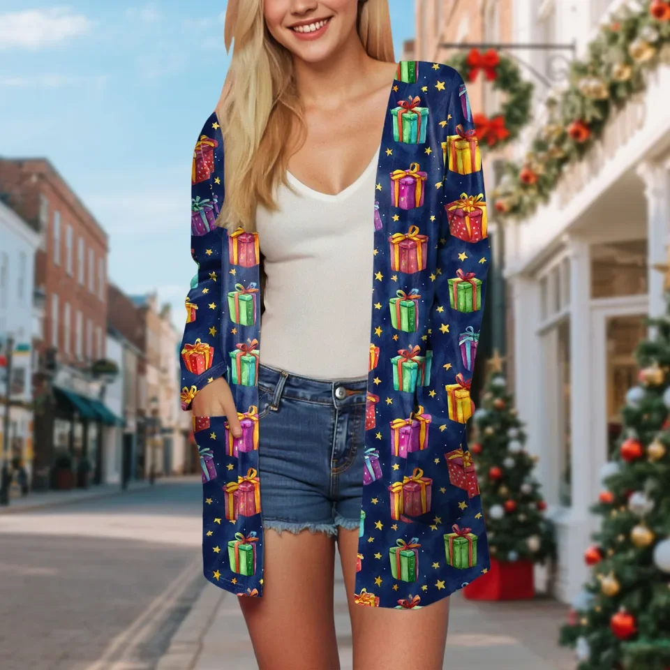 Women Christmas Funny Print Pocket Cardigan Long Sleeve Midi Length Casual Autumn Winter Vintage Female Fleece Chic Tops