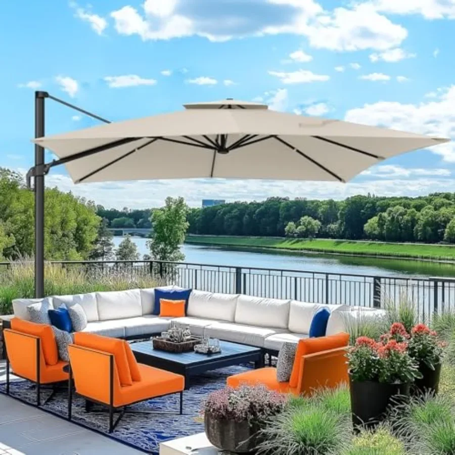 Outdoor Patio Umbrella Cantilever Umbrella for Patio, Heavy Duty Offset Umbrella with Steel Frame, Beige Fabric, 360 Rotation D
