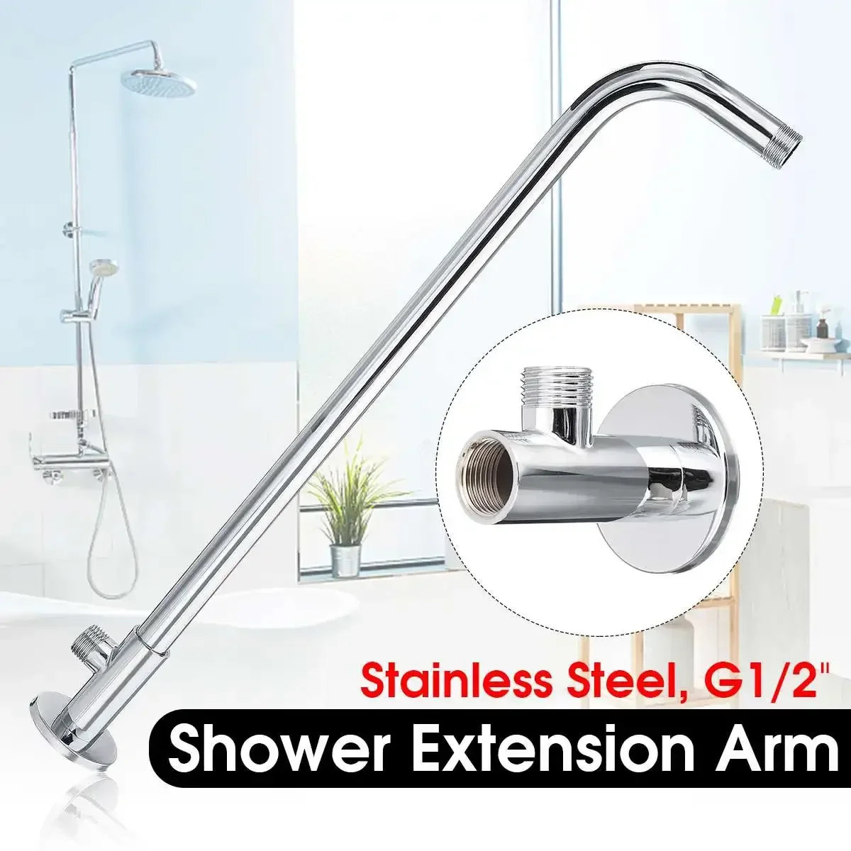 49cm G1/2 inch Shower Head Extension Arm Kit For Bathroom Stainless Steel 90°Wall Mounted Tube Rainfall Shower Head Arm