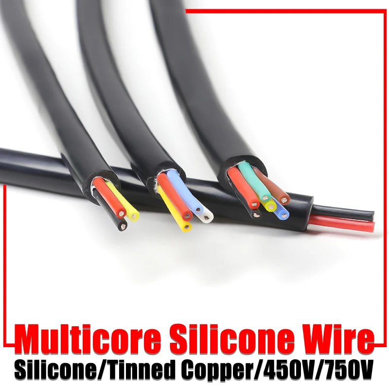 Black Multicore Sheath Silicone Wire Square 0.3mm ~ Square 6mm Heat resistant Tinned Copper soft Flexible Rubber Electrico wire