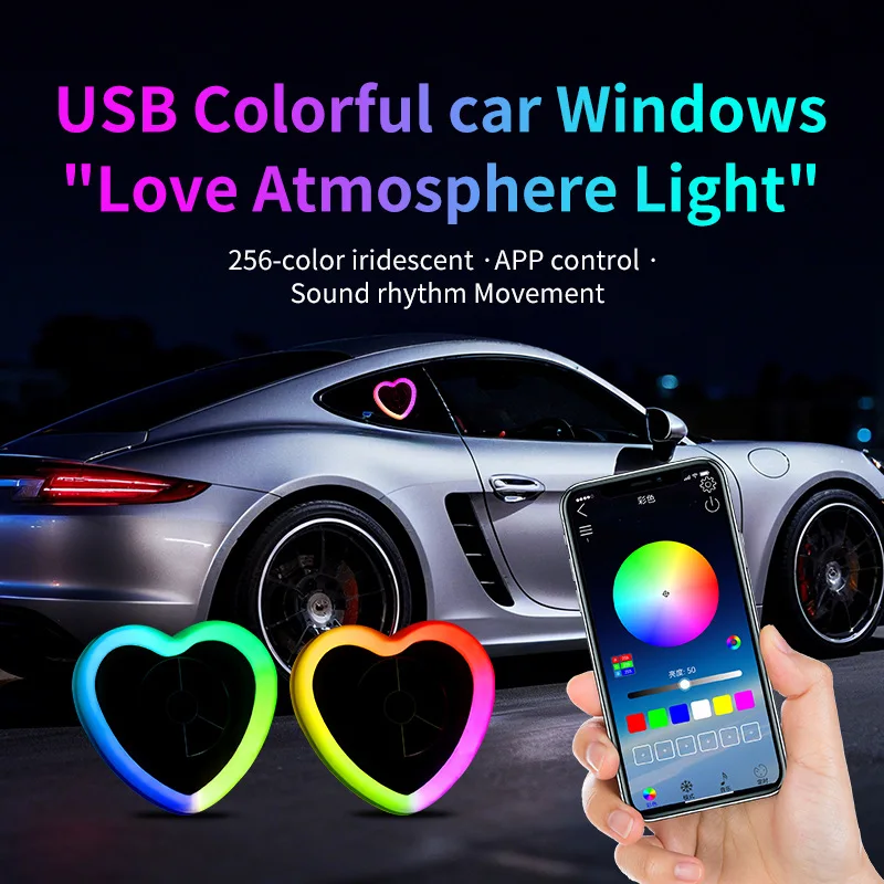 

RGB Heart Shaped Car Ambient Light Car Window Suction Cup Led Atmosphere Light 256 Colour USB 5V Neon Lamp Button APP Control