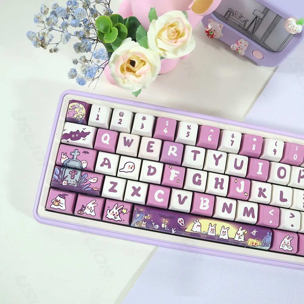 

74 Keys Ghost Rabbit Theme MDA Profile Keycaps PBT Five-sided Dye Subimation Gaming Mechanical Keyboard Key Caps Halloween Gift