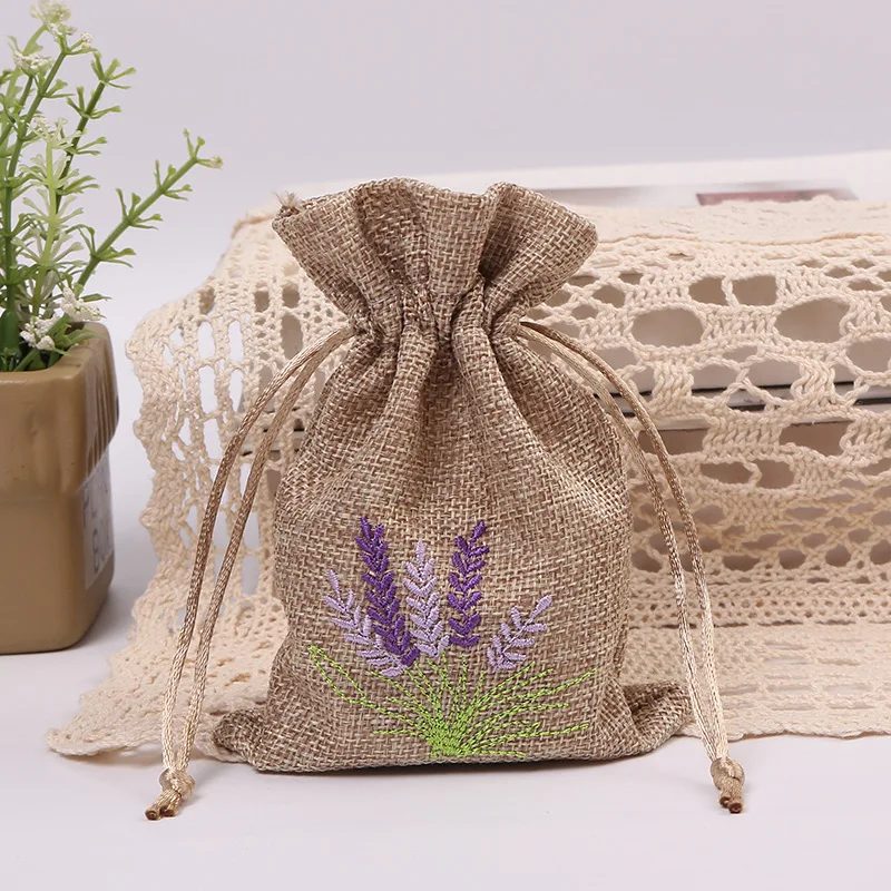 Bolsas de lavanda bordadas para aromaterapia, bolsas de Aroma de flores secas, bolsas de algodón para semillas de yute, logotipo impreso, 10 unidades