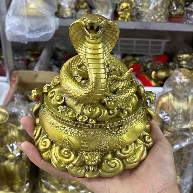Brass snake ornament, symbolizing wealth and prosperity, zodiac snake, treasure bowl, golden and jade-filled home decor
