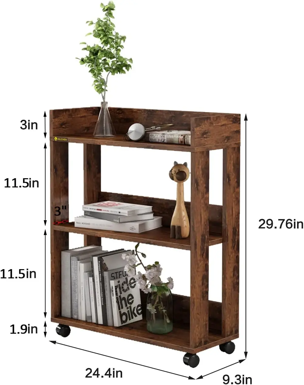 3 Tier Open Bookshelf,Small Bookshelves Storage Display Shelf with Universal Wheels,Movable Standing Shelf Units,Wood St