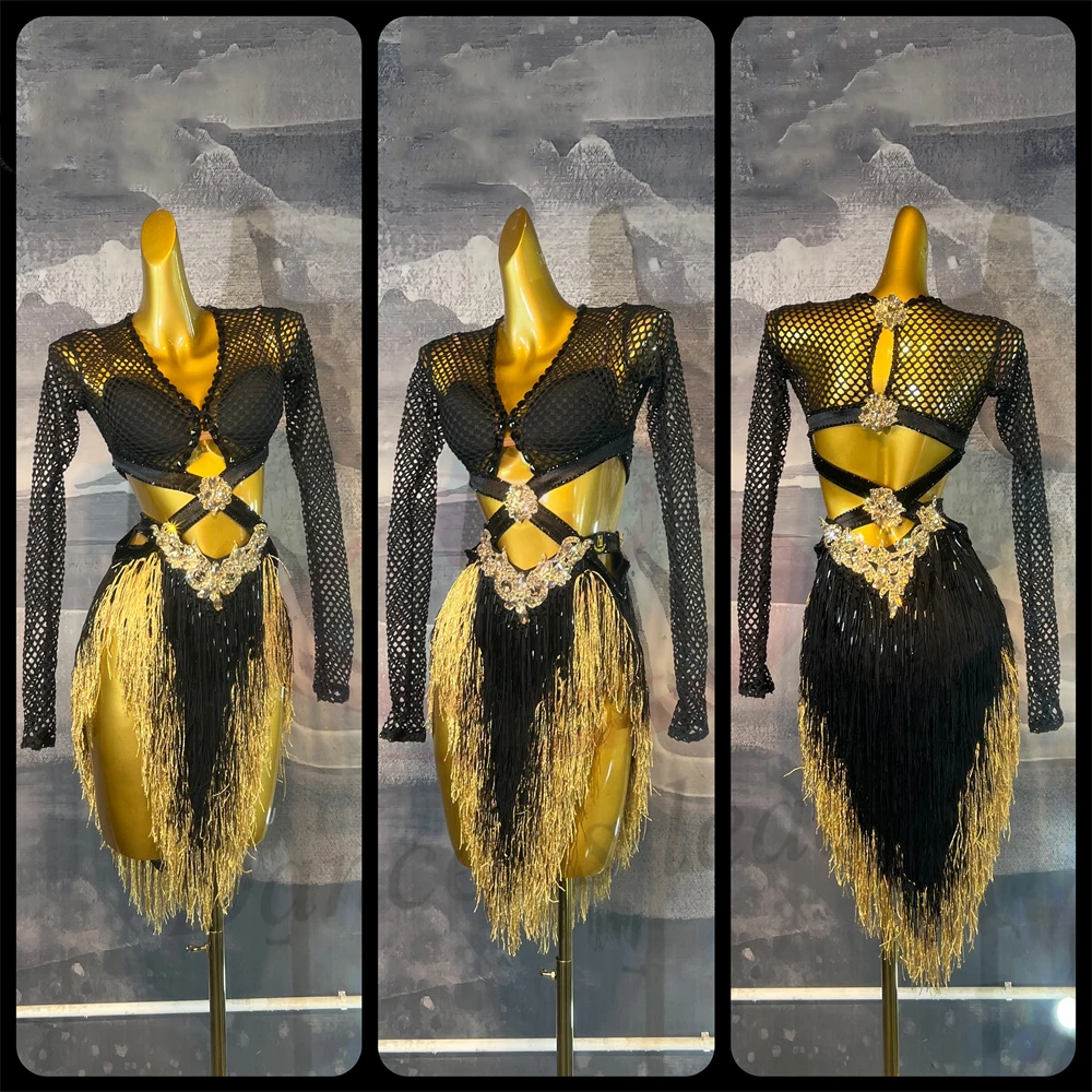

Latin Dance AB Stone Female Adult Children High end Customized Black Grid Gold Tassel Black Pool Samba Dress