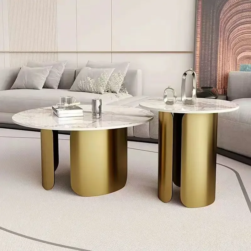 Premium Marble Texture Coffee Table Luxury Designer For Sofa Side Round Coffee Tea Table 2 in 1 Combination Furniture Tables