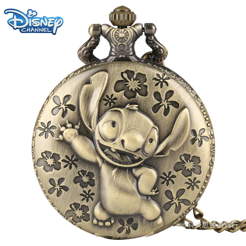 New Disney Stitch Pocket Watch Anime 3D Flat Design Children's Quartz Flip Pocket Watches with Chain Kids Necklace Watch Gifts