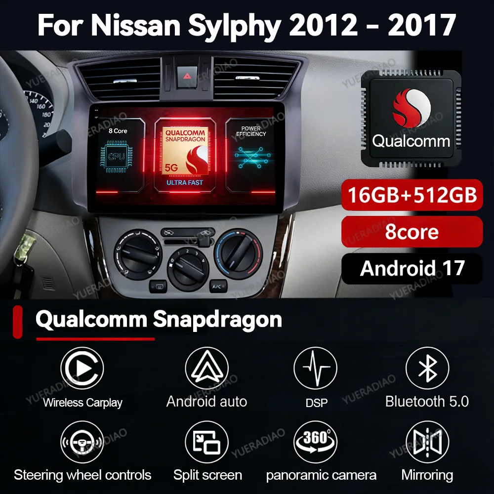 Radio para Auto Android 17 para Nissan Sylphy Sentra B17 2012 2013 - 2017, Mirror Link, BT, Carplay, GPS, NAVI, 4G LTE, 5G WIFI, DVD