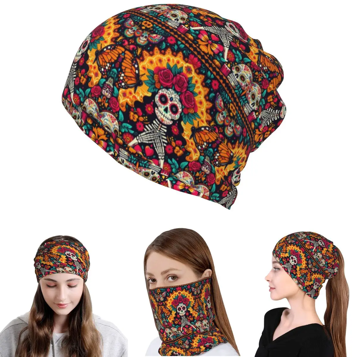 

Mexican Sugar Skulls And Flowers Bandana Neck Gaiter Wrap Mask Scarf Multi-use Headwear Beanies Hat for Men Women Adult Washable