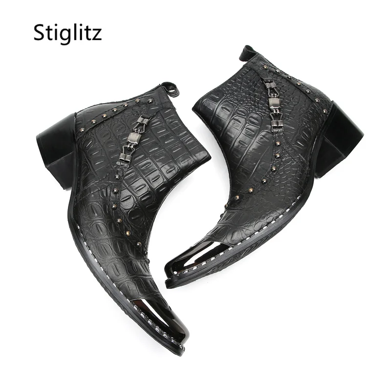 Black Rivet Metal Buckle Ankle Boots Men\'s Leather Shoes Metal Toe Safety Shoes Man for Work Side Zipper Wedding Business Shoe