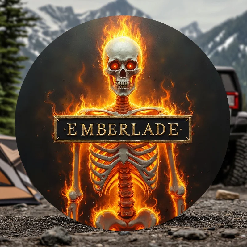 1pc Car Spare Tire Cover, Featuring The EMBERLADE Dark Flame Skull Design With Cool Red-Eyed Ghost Fire Pattern, Specifically Ma