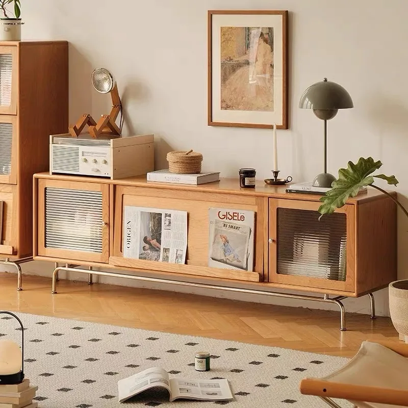 

Solid wood floor-to-ceiling integrated TV cabinet Premium living room display cabinet Log color TV cabinet