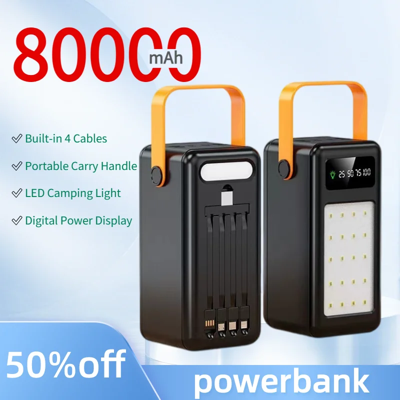 80000mAh Power Bank Built 4 Detachable Cables Outdoor Charger With Handle LED Camping Light Powerbank for iPhone Samsung