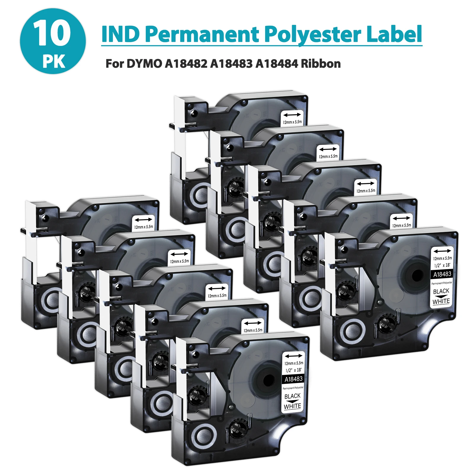 

3/5/10PK Compatible for Dymo IND Permanent Polyester Label A18482 18483 18484 Black on White Label Tape For DYMO Rhino 1000 4200