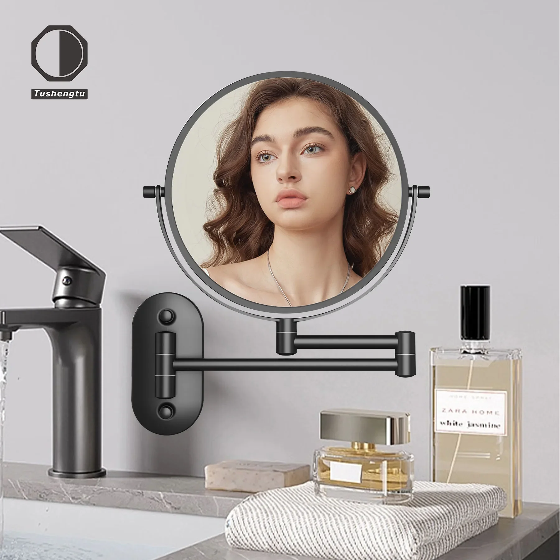 TUSHENGTU Espelho de maquiagem preto giratório 360 de 8 polegadas montado na parede 10x ampliação dupla face vaidade espelho de banheiro barbear